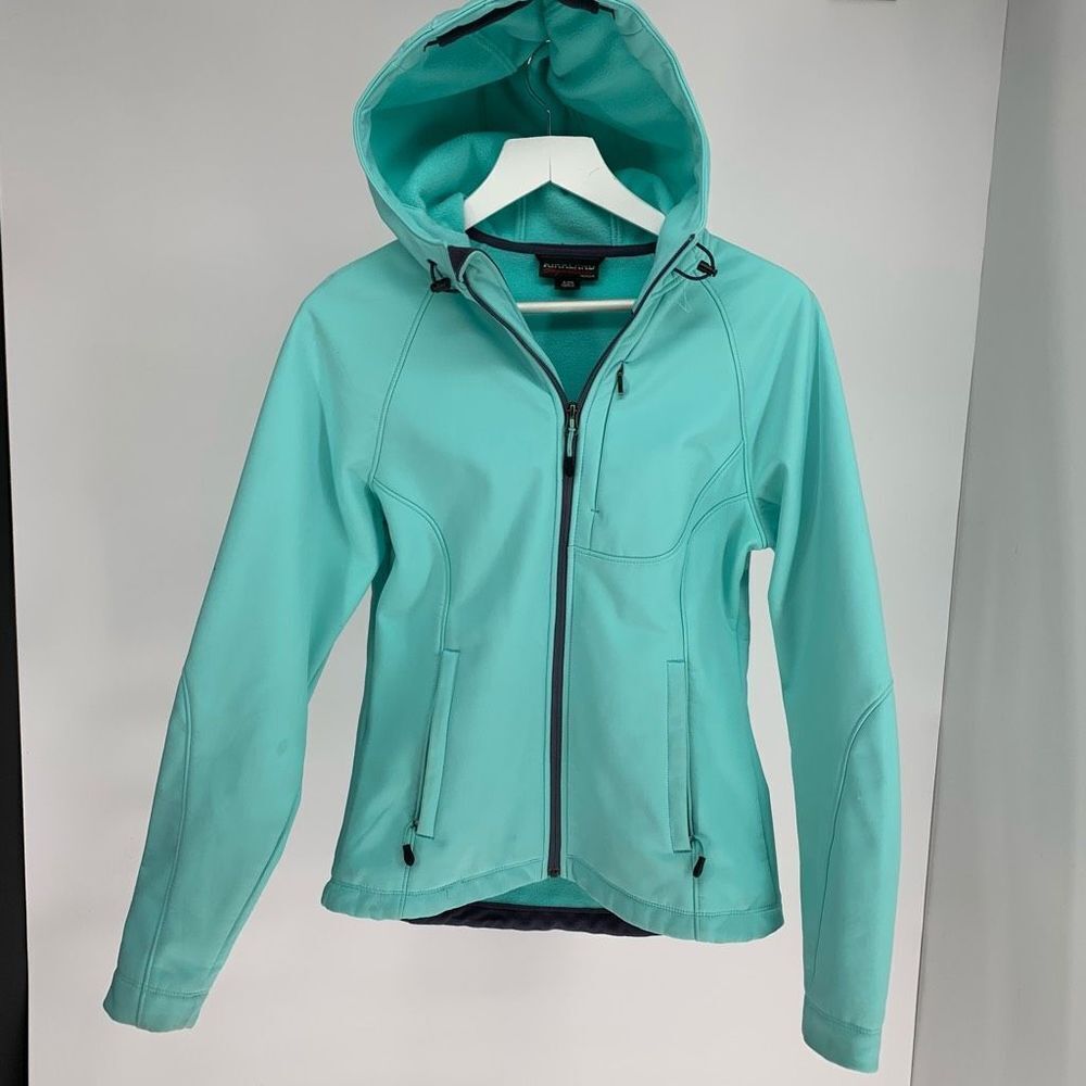 KIRKLAND blue turquoise soft shell jacket hooded windbreaker full zip sz s